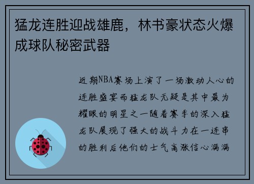 猛龙连胜迎战雄鹿，林书豪状态火爆成球队秘密武器